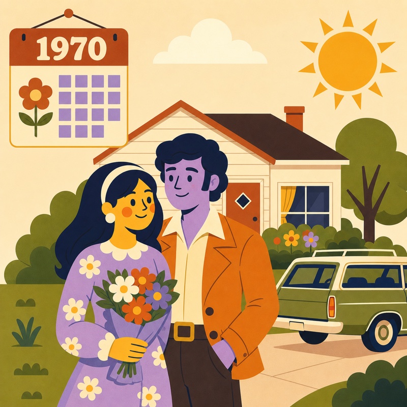A young married couple in front of a suburban house in 1970.