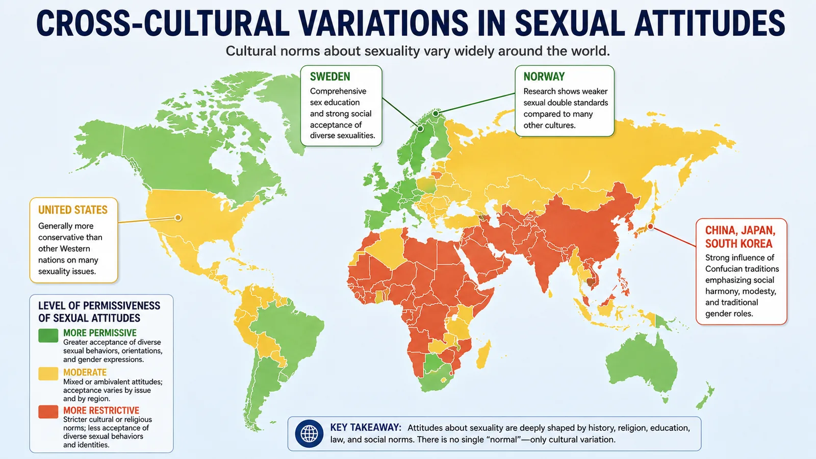World map infographic titled 'Cross-Cultural Variations in Sexual Attitudes.' Countries are color-coded: green (more permissive), yellow (moderate), red-orange (more restrictive). Callout boxes highlight Sweden (comprehensive sex education and acceptance of diverse sexualities), Norway (weaker sexual double standards), the United States (more conservative than other Western nations), and China, Japan, and South Korea (Confucian traditions emphasizing modesty and traditional gender roles). Key takeaway: 'Attitudes about sexuality are deeply shaped by history, religion, education, law, and social norms. There is no single normal — only cultural variation.'