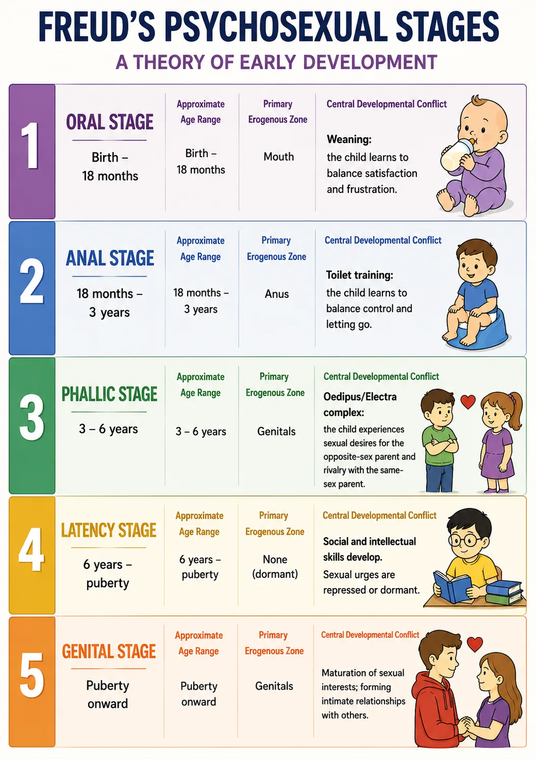 Infographic titled 'Freud's Psychosexual Stages: A Theory of Early Development.' Five color-coded rows present each stage with its approximate age range, primary erogenous zone, and central developmental conflict: (1) Oral Stage, birth–18 months, erogenous zone: mouth, conflict: weaning; (2) Anal Stage, 18 months–3 years, erogenous zone: anus, conflict: toilet training and learning control; (3) Phallic Stage, 3–6 years, erogenous zone: genitals, conflict: Oedipus/Electra complex — the child experiences desire for the opposite-sex parent and rivalry with the same-sex parent; (4) Latency Stage, 6 years–puberty, erogenous zone: none (dormant), conflict: social and intellectual skills develop while sexual urges are repressed; (5) Genital Stage, puberty onward, erogenous zone: genitals, conflict: maturation of sexual interests and forming intimate relationships. Each row includes a small cartoon illustration.