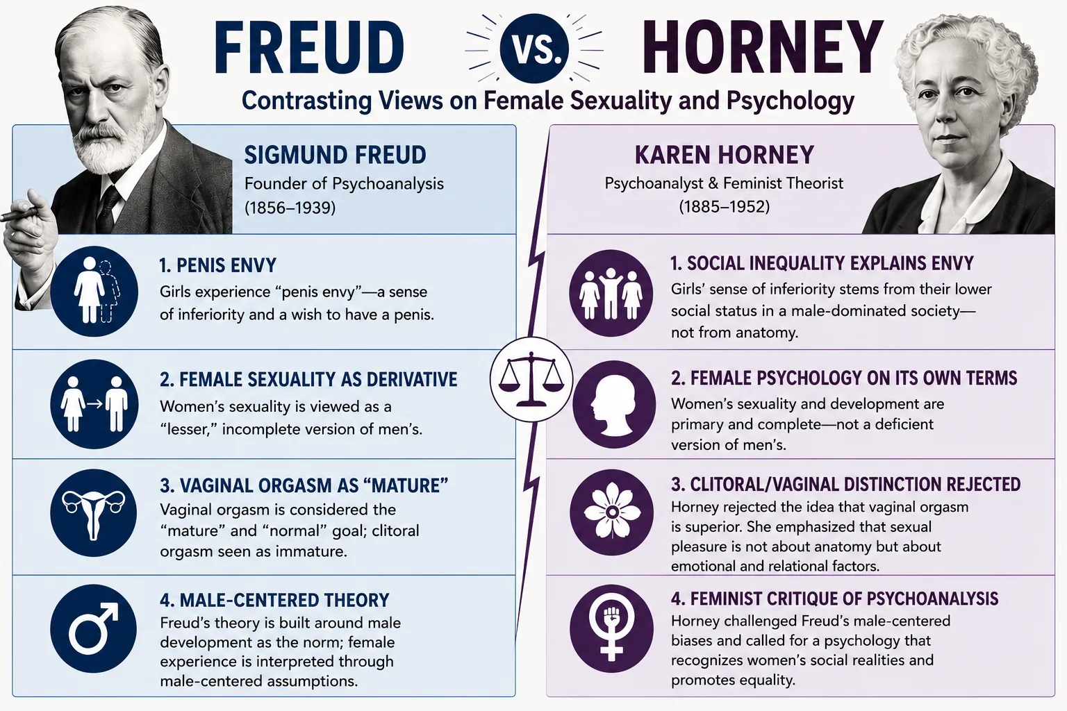Infographic titled 'Freud vs. Horney: Contrasting Views on Female Sexuality and Psychology,' with portrait photos of each at the top. Freud's column (left): (1) Penis envy — girls feel inferior and wish to have a penis; (2) Female sexuality as derivative — viewed as a lesser version of men's; (3) Vaginal orgasm as 'mature' — clitoral orgasm seen as immature; (4) Male-centered theory — female experience interpreted through male assumptions. Horney's column (right): (1) Social inequality explains envy — inferiority stems from lower social status, not anatomy; (2) Female psychology on its own terms — women's sexuality is primary and complete; (3) Clitoral/vaginal distinction rejected — pleasure is emotional and relational; (4) Feminist critique — Horney challenged male-centered biases and called for equality in psychology.
