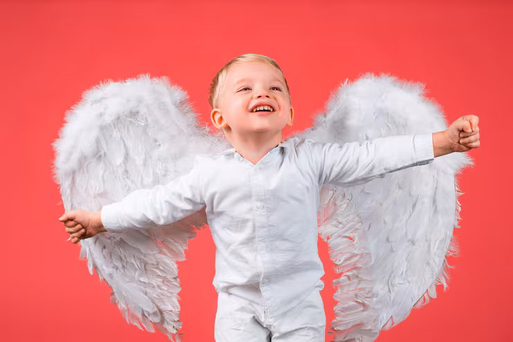 An idealized illustration of a young child depicted as an innocent angel.
