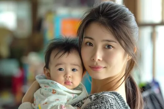 A Japanese mother holding her baby closely.