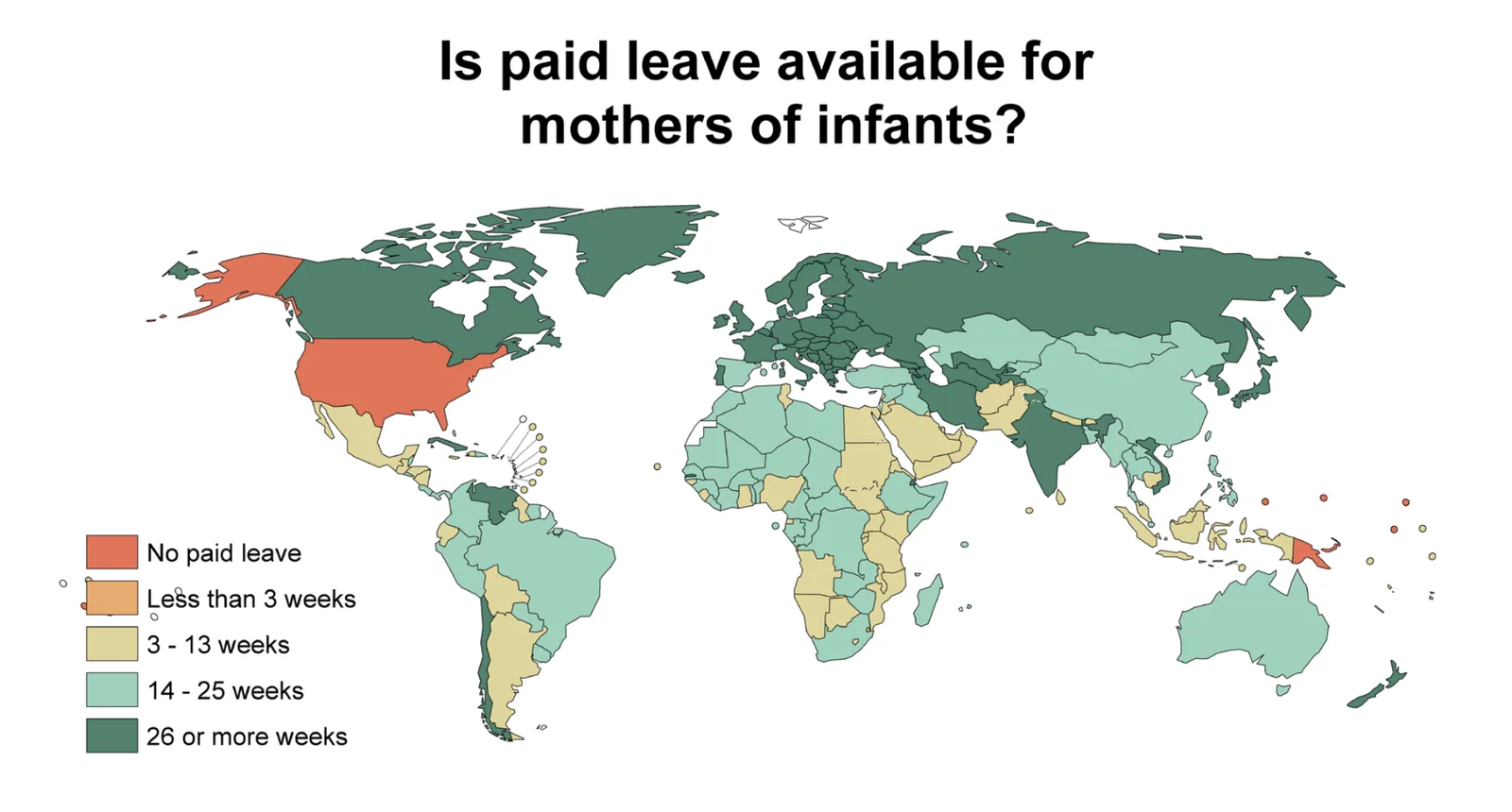 World map showing which countries offer paid parental leave, highlighting the United States as one of the few that do not.