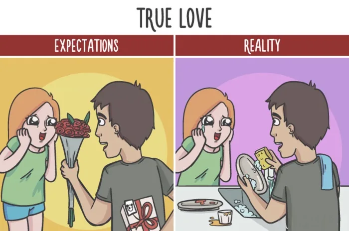 A side-by-side comparison of idealized relationship expectations versus everyday reality.