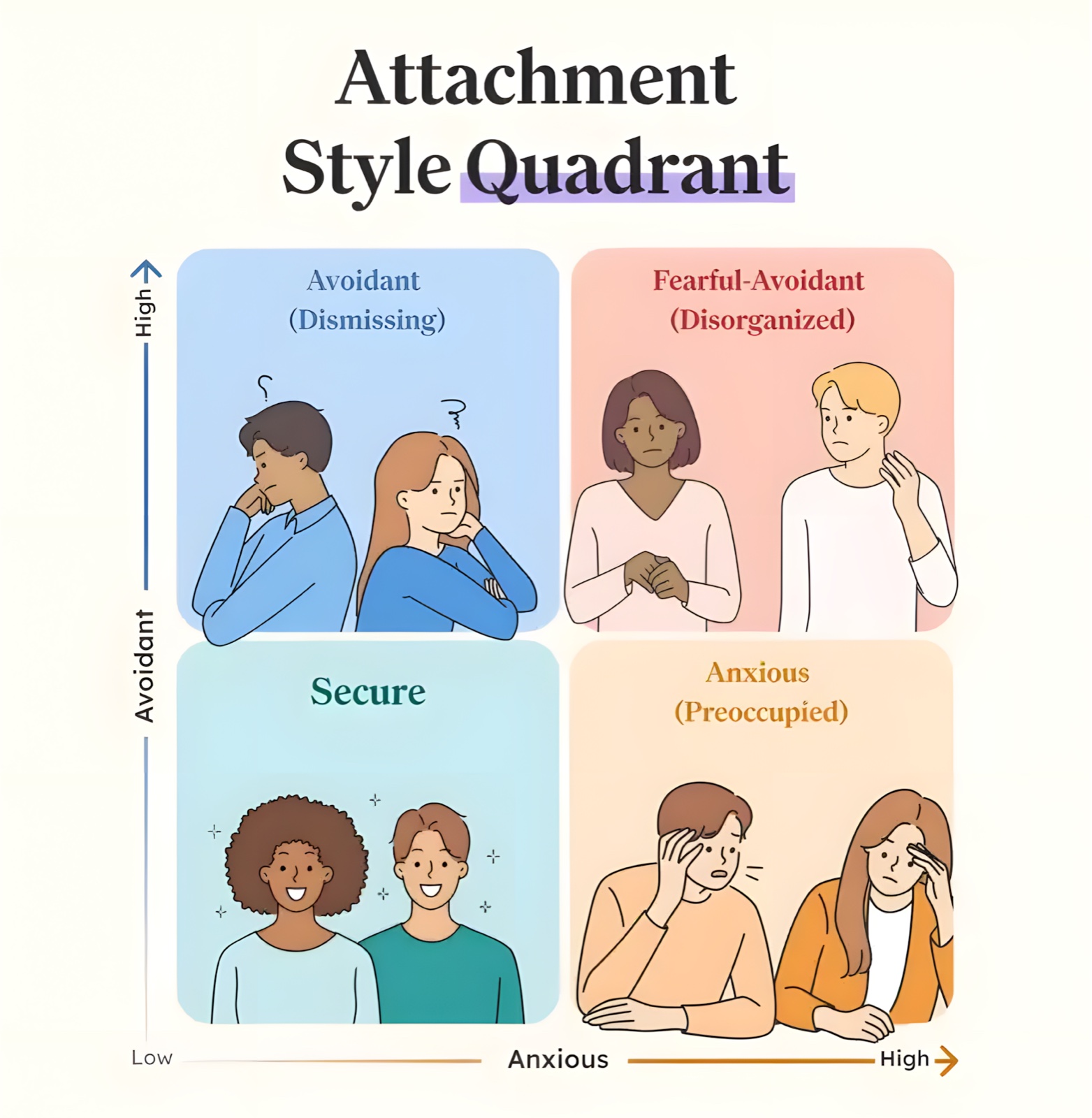A grid mapping the four adult attachment styles along two dimensions: view of self (anxiety) and view of others (avoidance).