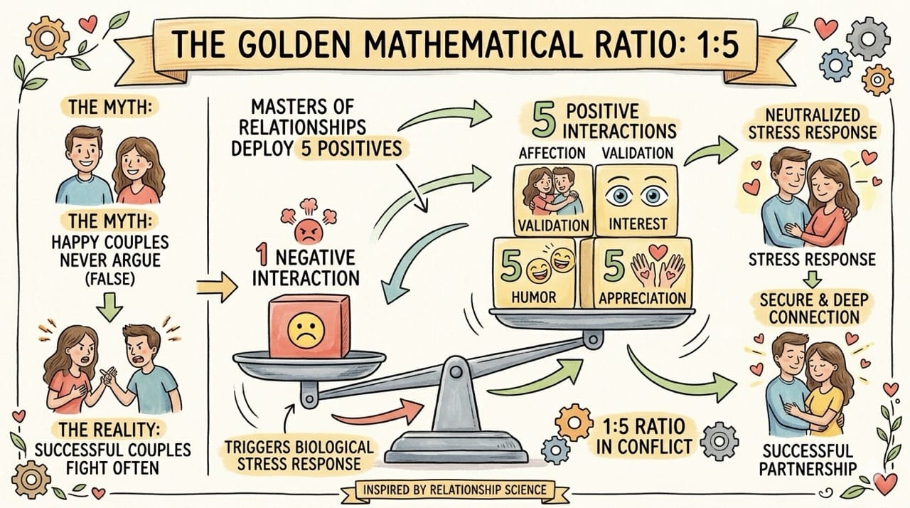 Illustration of Gottman's five-to-one ratio of positive to negative interactions during conflict.