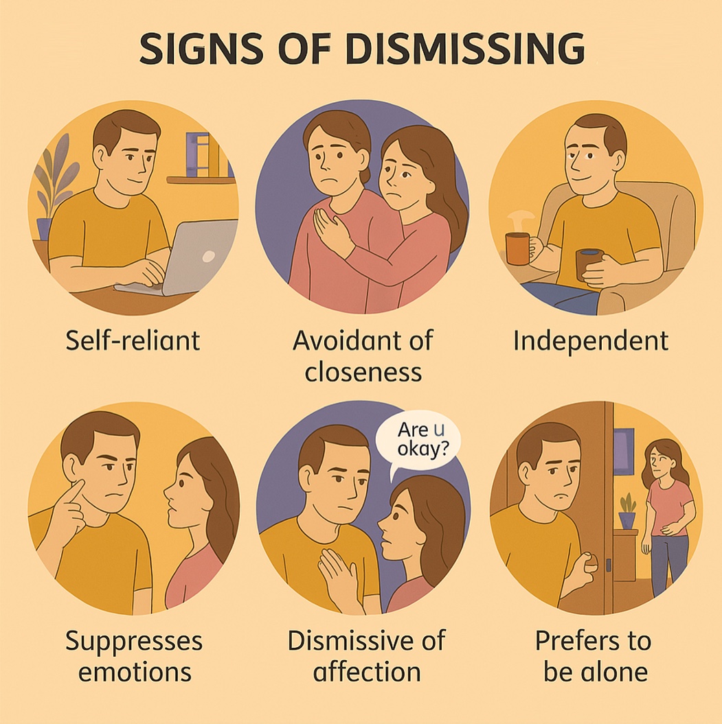 Infographic listing common signs of a dismissing (avoidant) attachment style, such as valuing independence, keeping emotional distance, disclosing little, and seeing reliance on others as a weakness.
