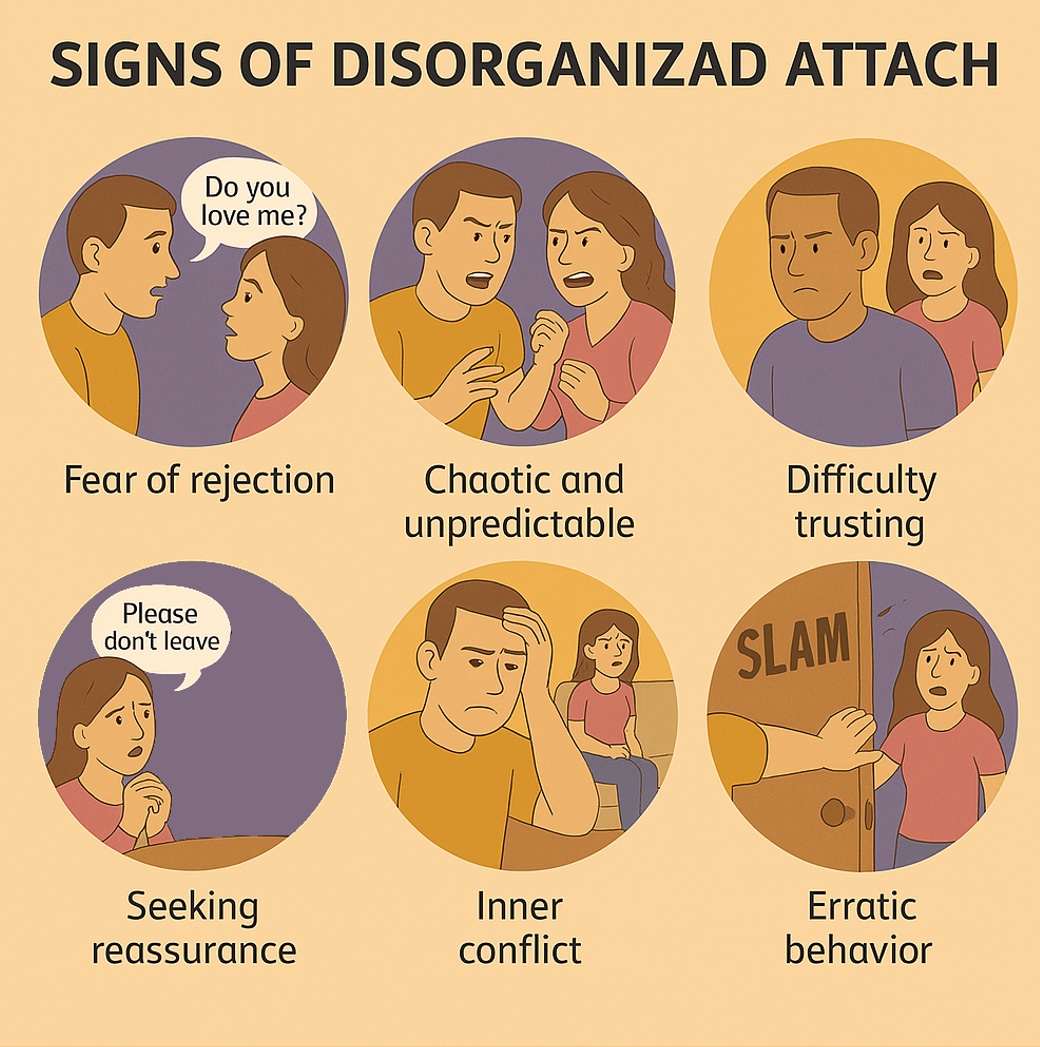 Infographic listing common signs of a disorganized (fearful-avoidant) attachment style, such as craving yet fearing closeness, swinging between pursuing and withdrawing, and volatile, unstable relationships.