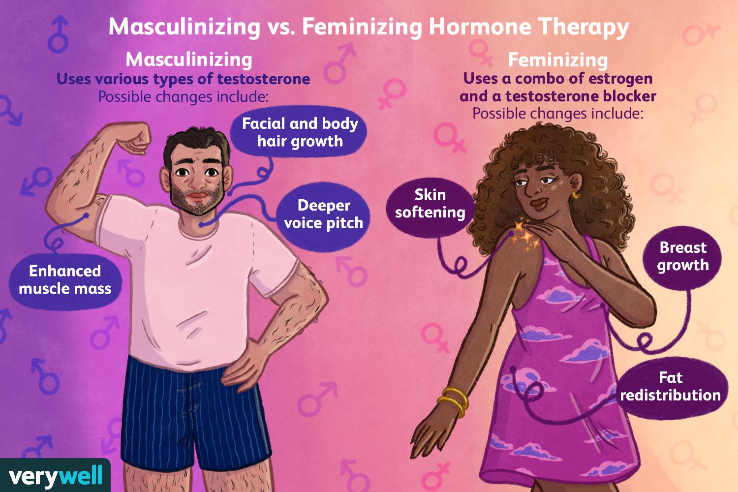 An infographic comparing masculinizing hormone therapy (various types of testosterone) with feminizing hormone therapy (estrogen plus a testosterone blocker), showing two illustrated figures labeled with effects such as enhanced muscle mass, facial and body hair growth, and a deeper voice versus skin softening, breast growth, and fat redistribution.