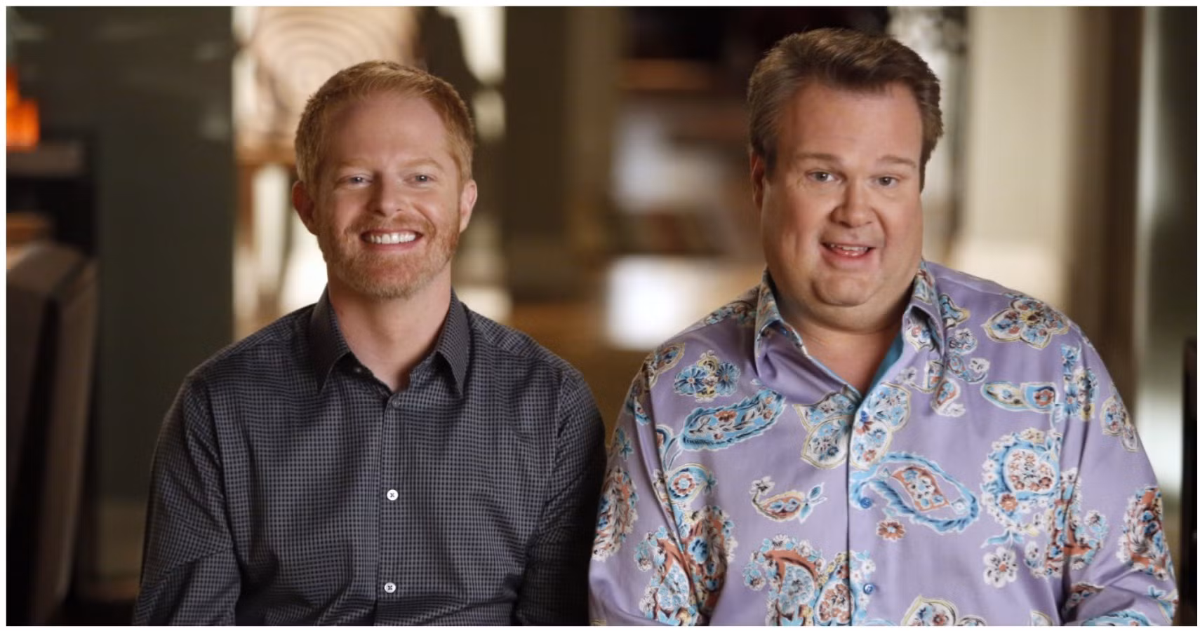 A same-sex couple from a popular network sitcom, an example of positive LGBTQ+ representation on television.