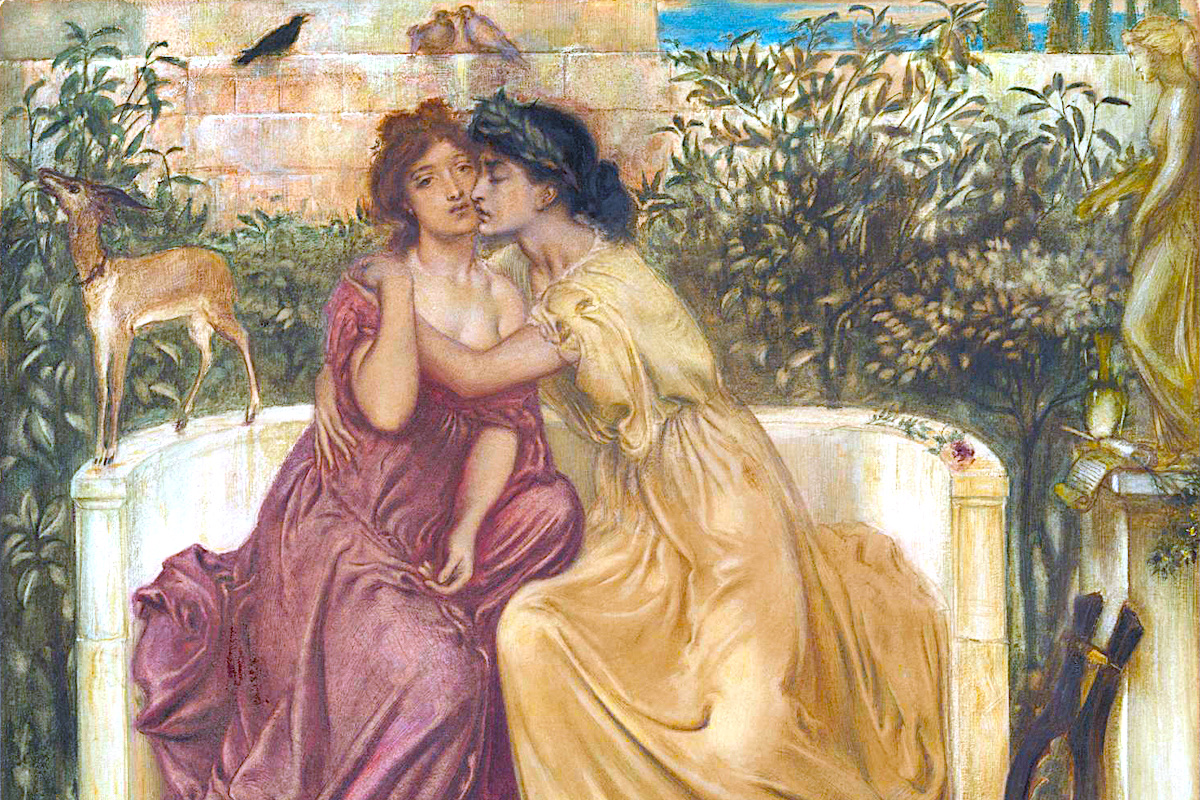 A 19th-century painting of two women in an intimate embrace in a garden, evoking the poet Sappho and the concept of 'Sapphic love.'