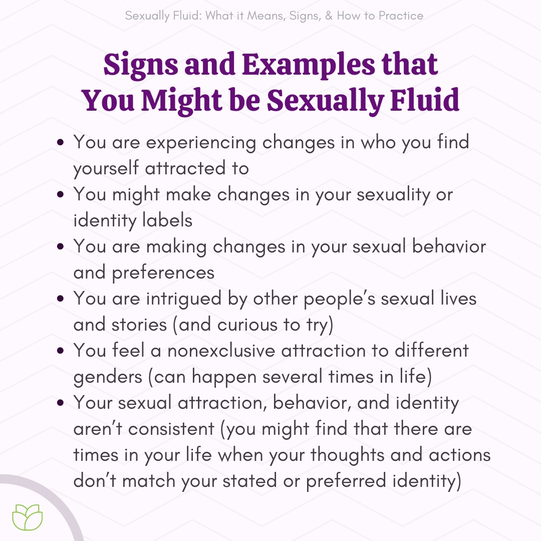 An infographic describing signs of sexual fluidity, such as shifts in attraction, behavior, and self-labeling over time.