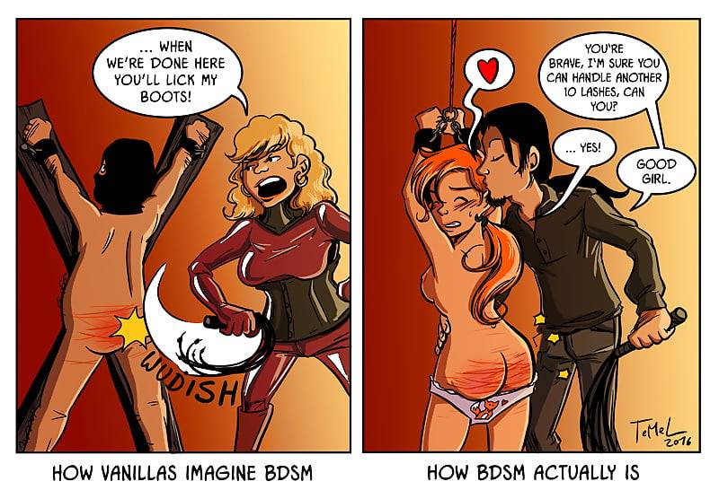 A side-by-side contrast of how BDSM is imagined versus how it is usually practiced, emphasizing negotiation and safety.