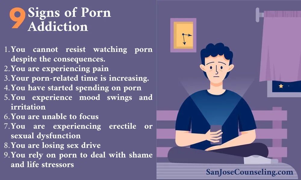 Infographic titled 9 Signs of Porn Addiction with a numbered list and a cartoon figure on a bed holding a phone.