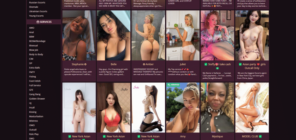 Screenshot of an online escort-ad directory with a category sidebar and a grid of listing thumbnails.