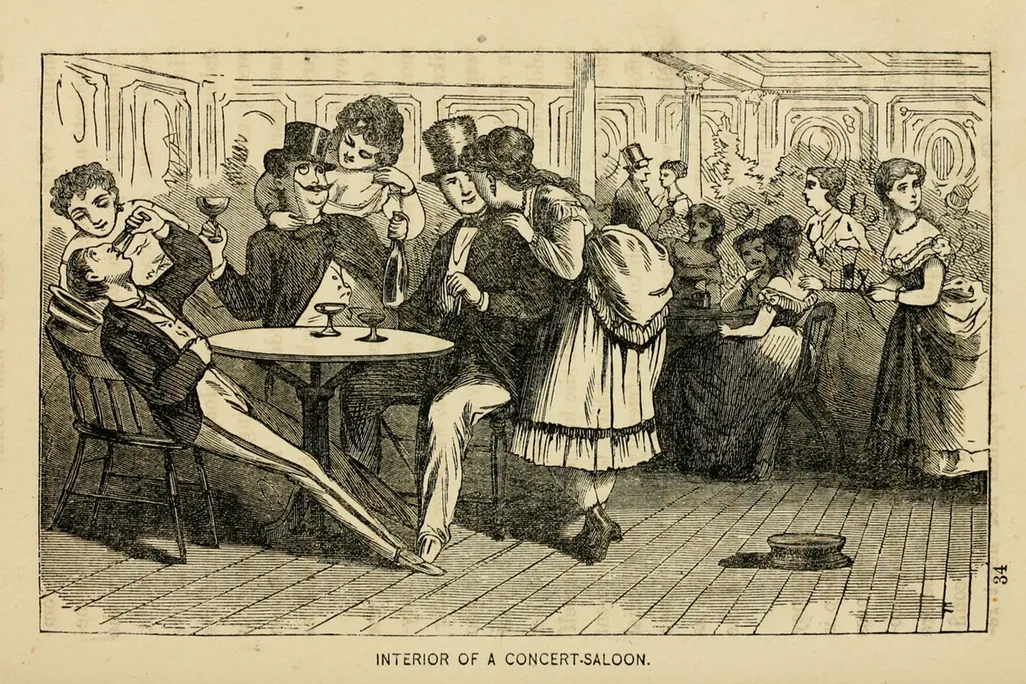Vintage engraving of men in top hats and women in dresses drinking and socializing in a concert saloon.