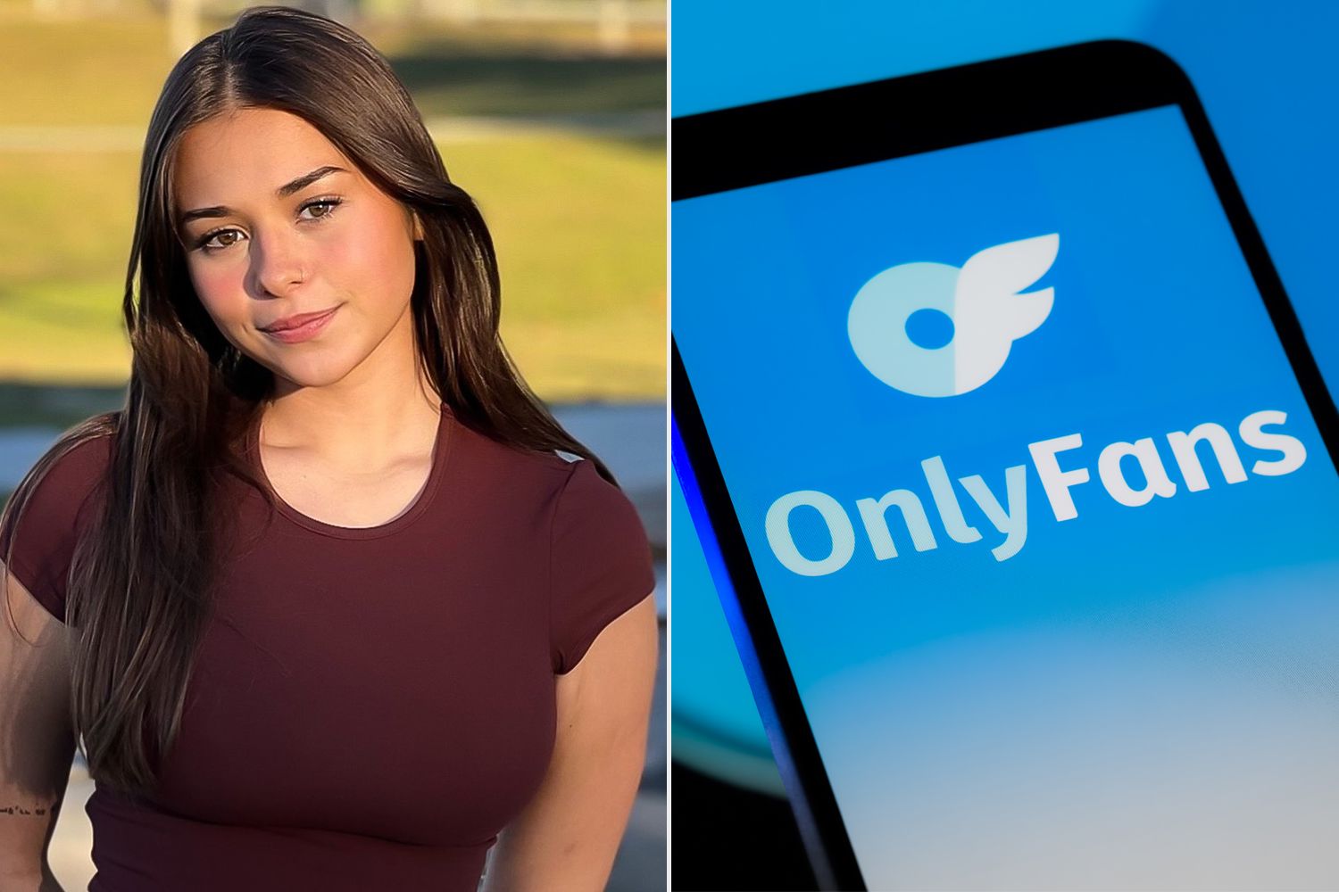 Split image of a clothed young woman outdoors beside a smartphone screen showing the OnlyFans logo.