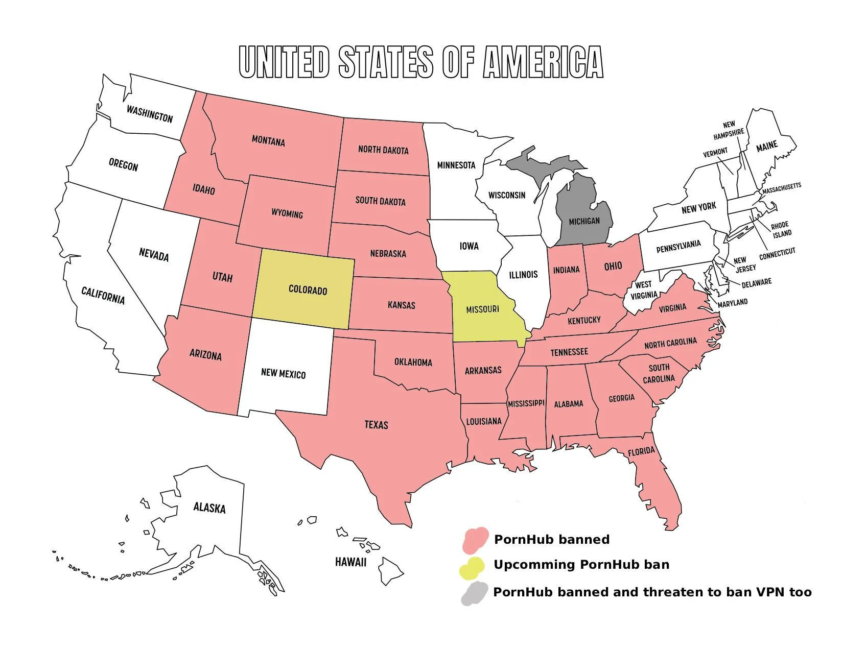 US map coloring states by PornHub availability: banned, upcoming ban, and banned with a threat to ban VPNs.