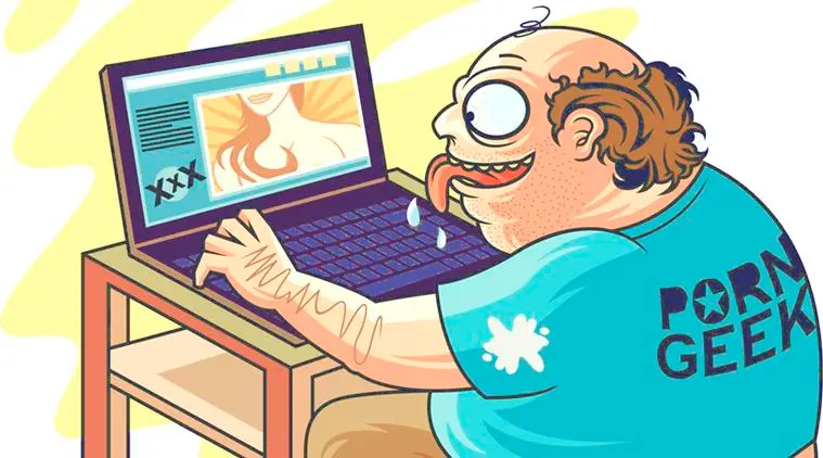 Cartoon of a drooling man staring at a laptop showing an adult site, wearing a shirt labeled PORN GEEK.
