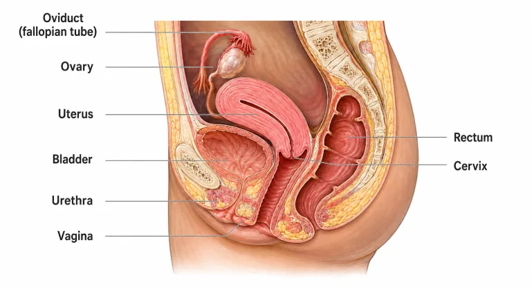 A side-view diagram of internal female sexual anatomy showing the close placement of the bladder, vagina, uterus, and rectum.