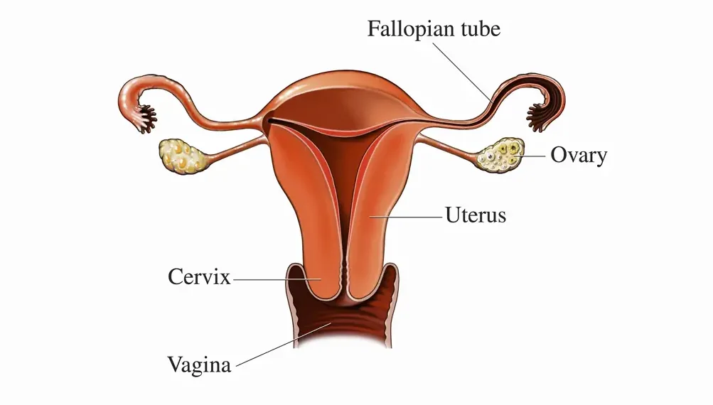 A diagram of the two ovaries and their connection to the uterus via the fallopian tubes, with labels showing the follicles inside each ovary.