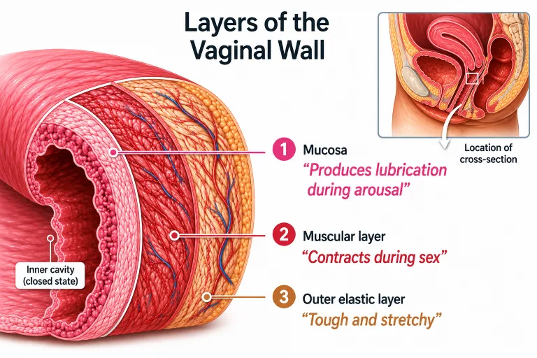 A cross-section diagram of the vaginal wall showing its three layers: the innermost mucosa, the middle muscular layer, and the outer elastic layer.