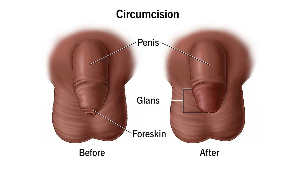 An illustration comparing a circumcised and an uncircumcised penis, showing the presence or absence of the foreskin covering the glans.