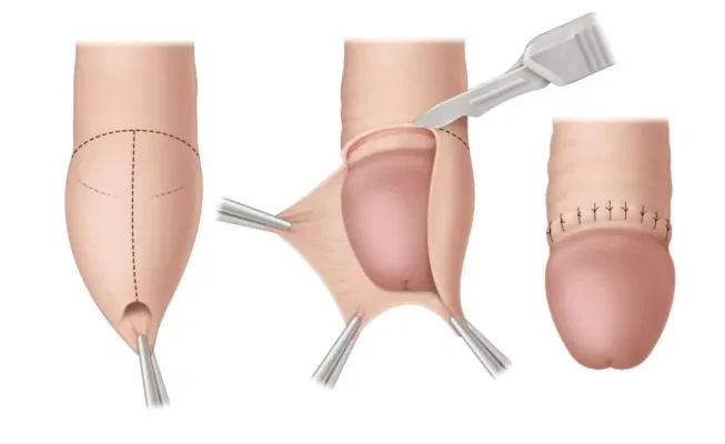A diagram illustrating the surgical procedure of circumcision, showing the removal of the foreskin from the glans of the penis.