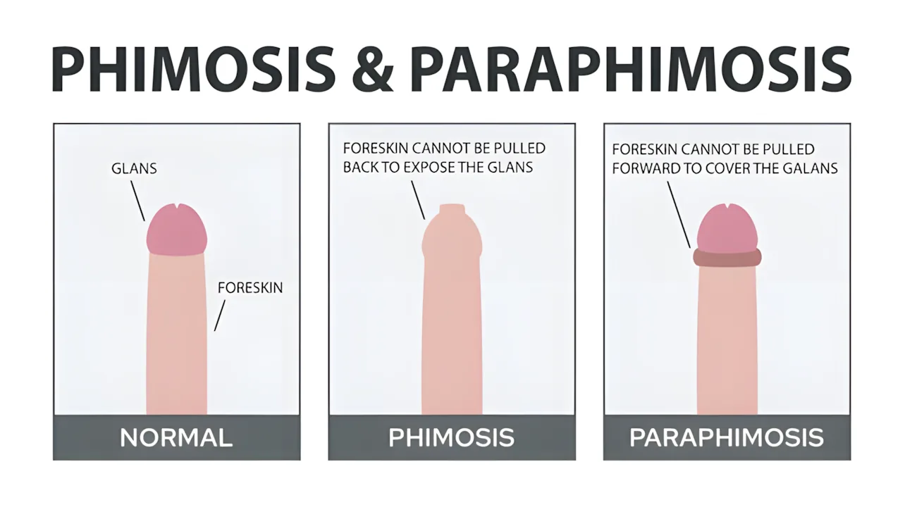 Side-by-side diagrams illustrating phimosis (foreskin too tight to retract) and paraphimosis (foreskin stuck behind the glans and unable to return forward), with the latter showing swelling and restricted blood flow.