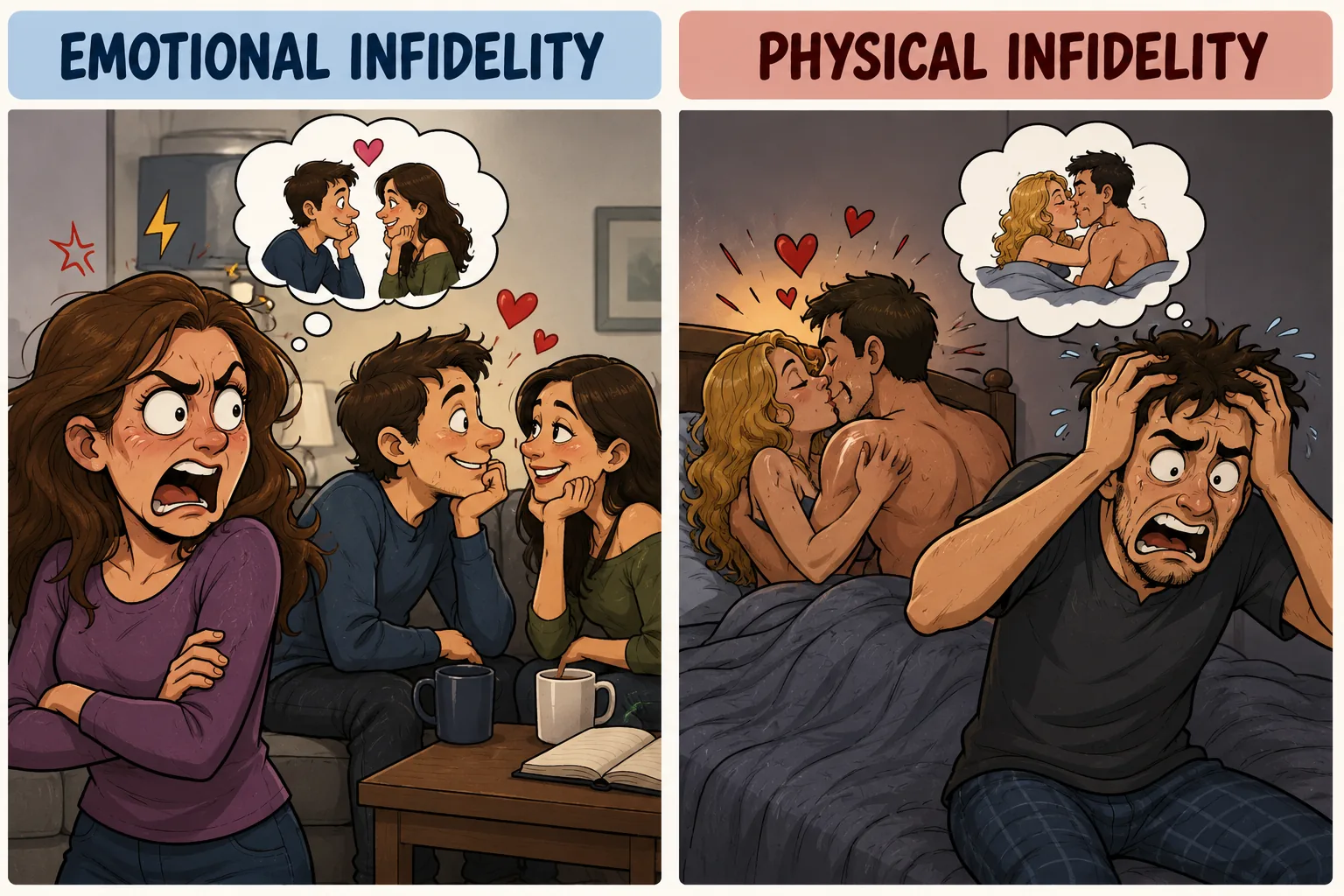 An illustration posing the question of whether sexual or emotional infidelity is more upsetting, which may vary by gender.