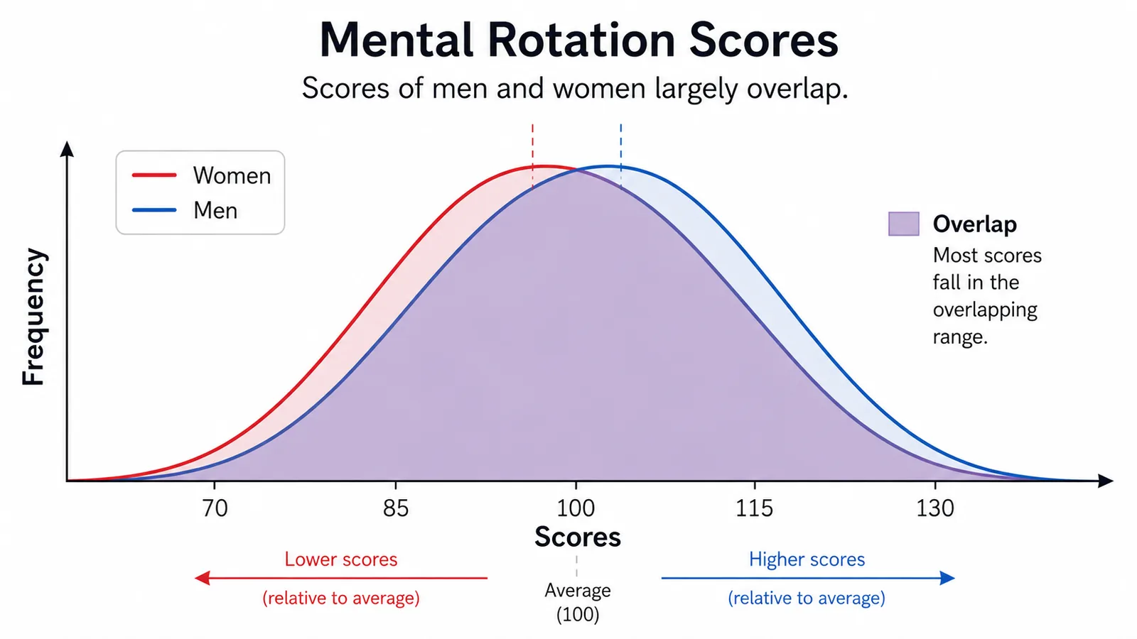 Two overlapping bell curves illustrating that the distributions of a trait for men and women overlap substantially.