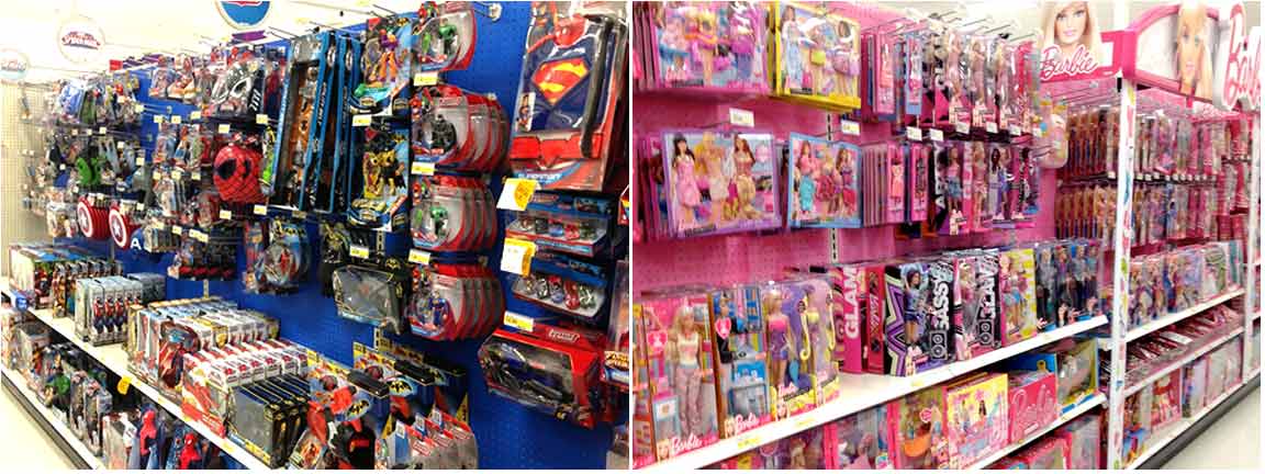 A photo contrasting the toys and colors marketed to boys versus girls in a toy store.
