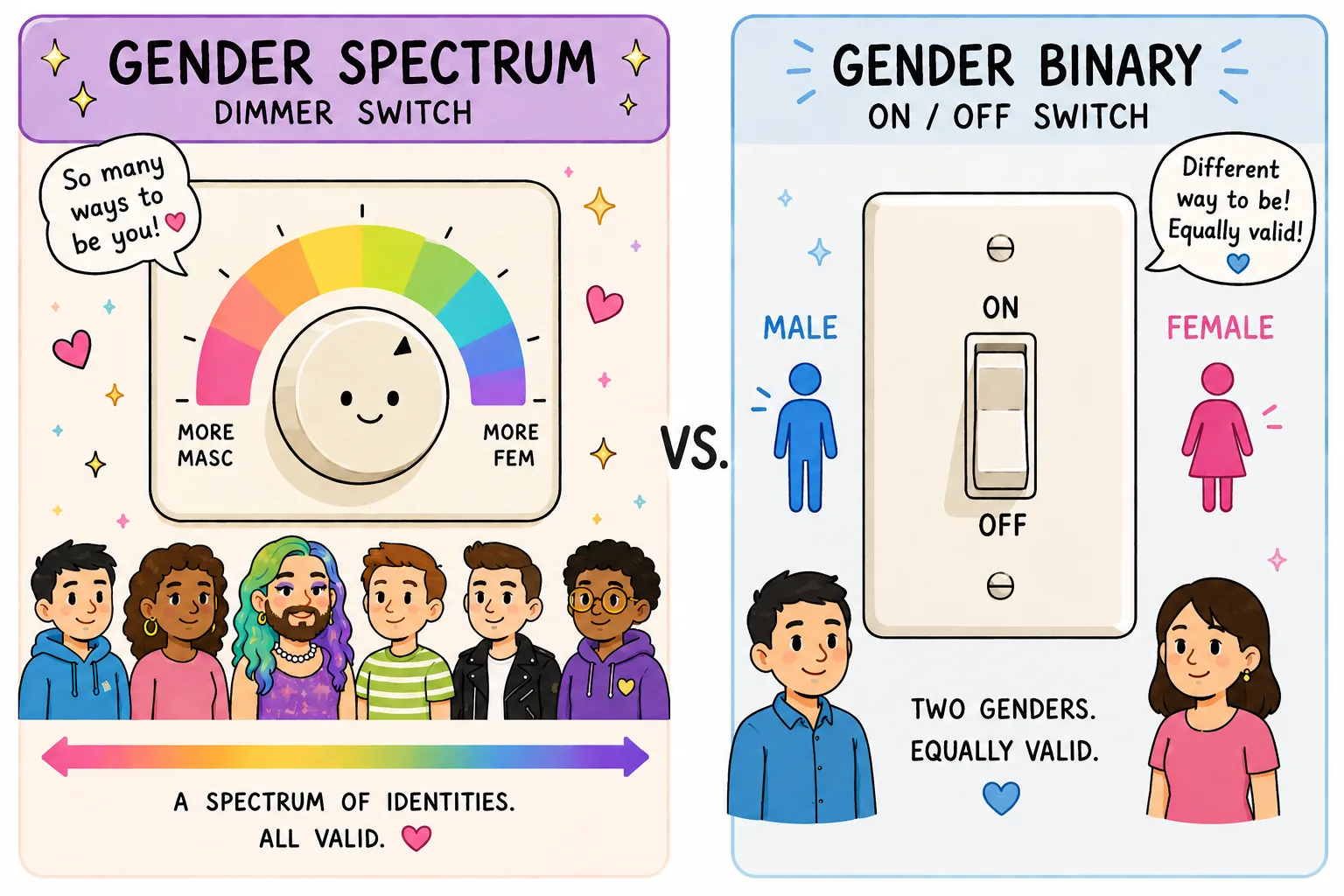 A comparison illustration showing gender as a binary of two options versus gender as a continuous spectrum.