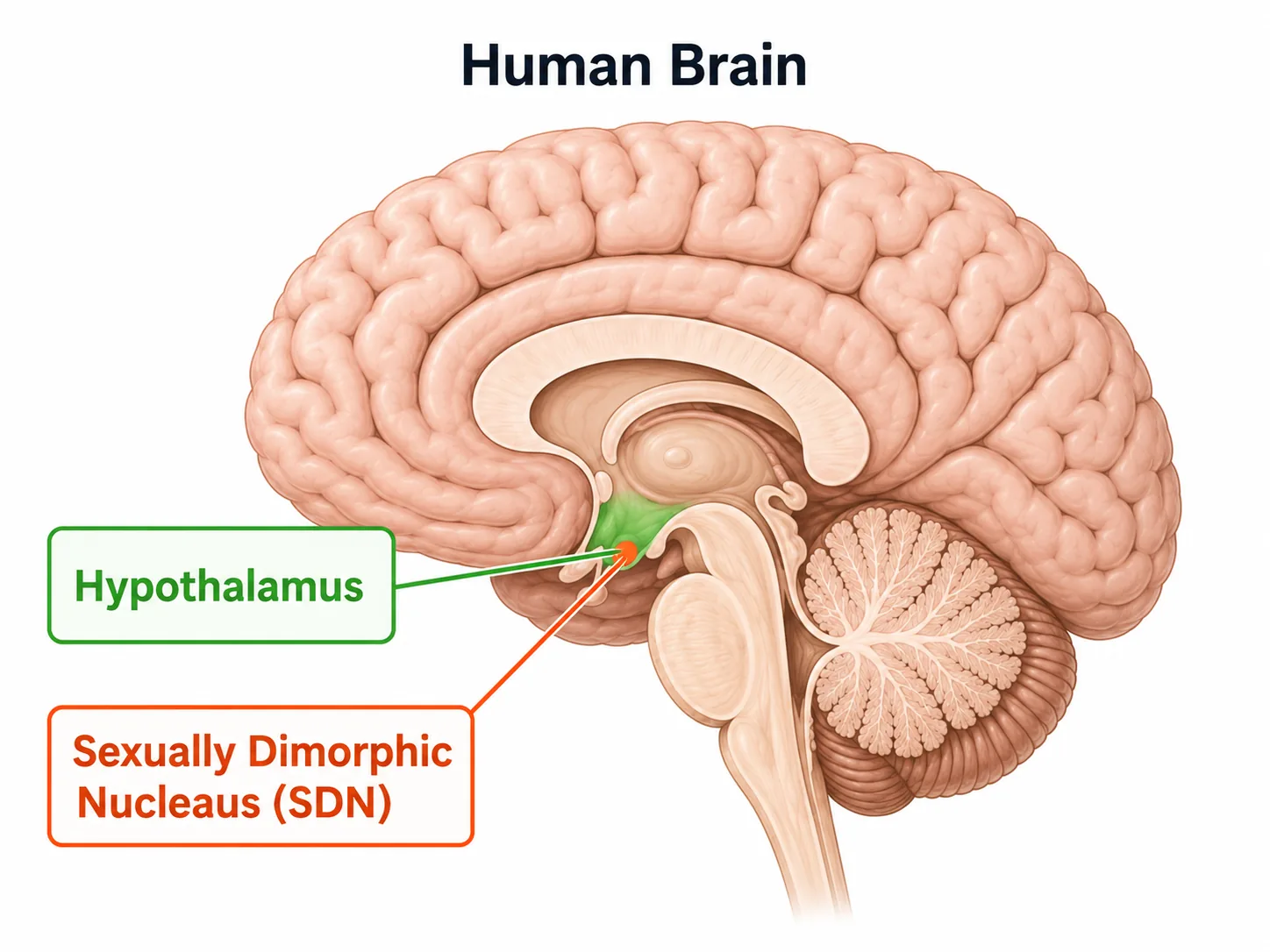 A diagram of the brain showing the location of the hypothalamus and the sexually dimorphic nucleus (SDN) nestled within it.