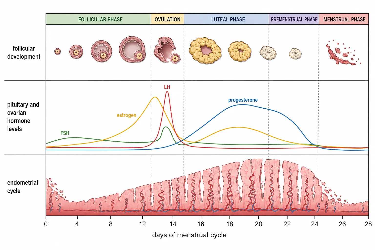 Diagram of the five phases of the menstrual cycle with hormone levels.