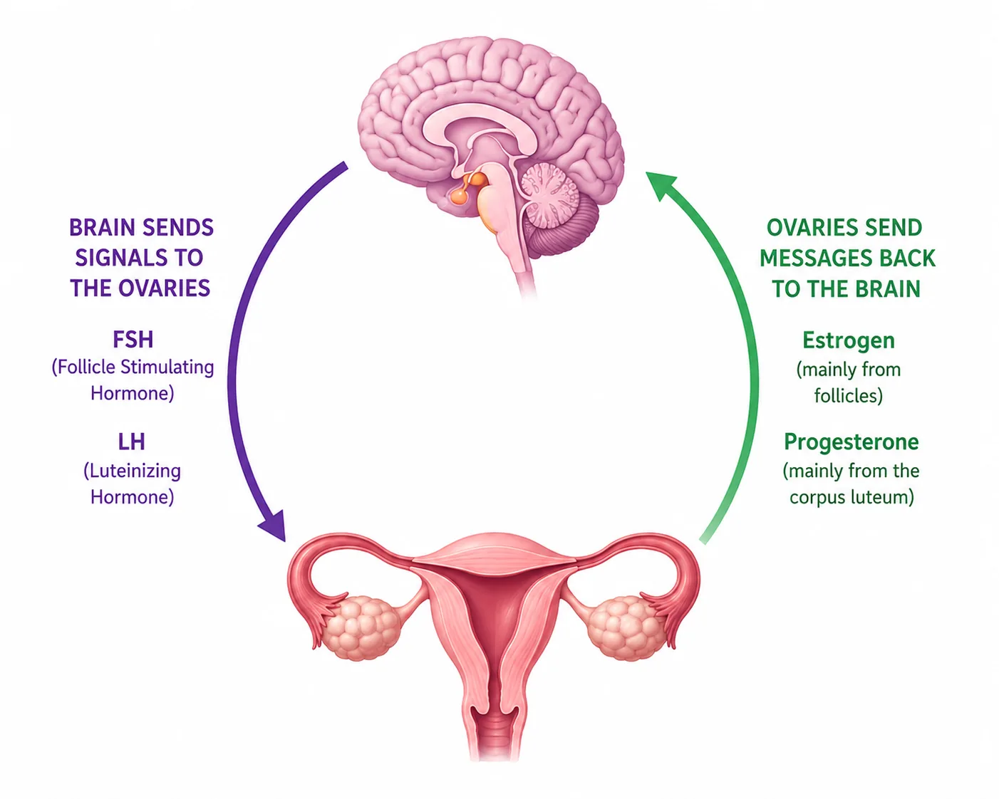 Diagram of hormonal signaling between the brain and ovaries.