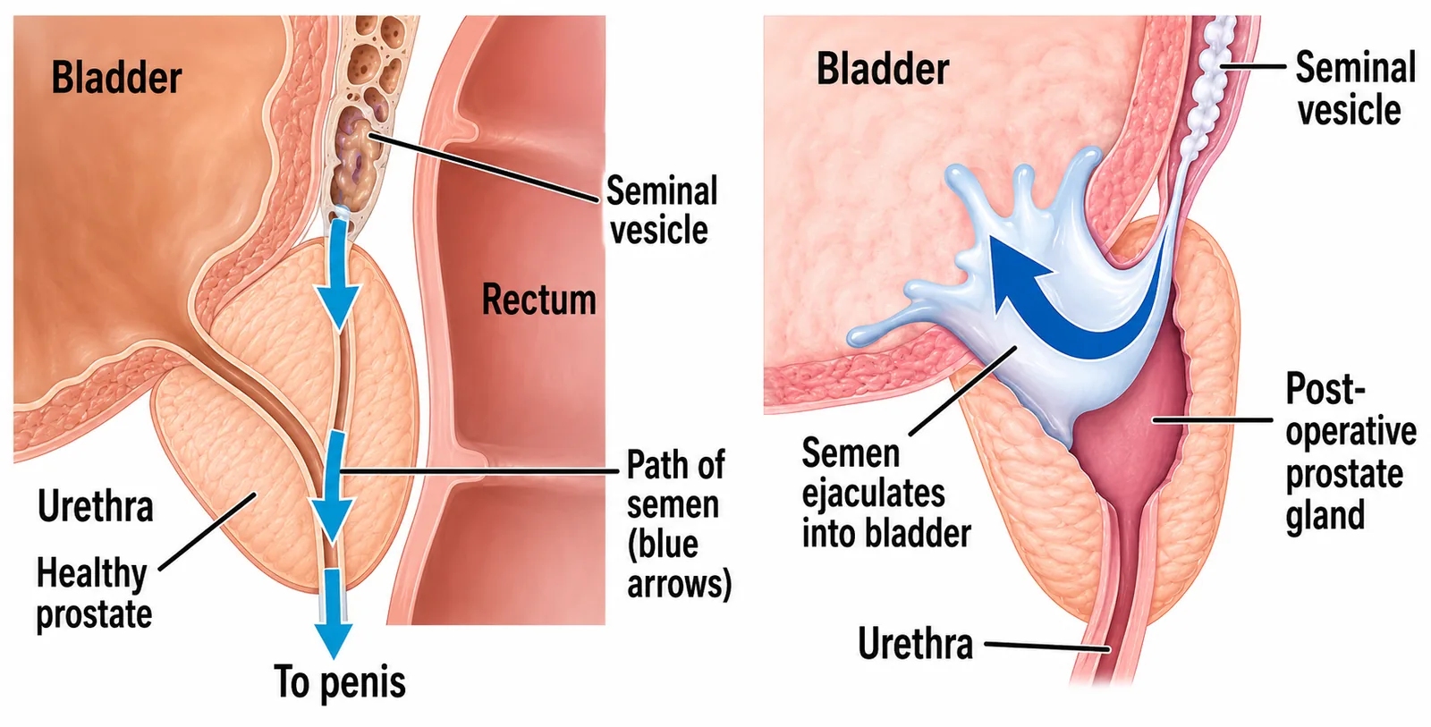 Diagram contrasting normal ejaculation with retrograde ejaculation into the bladder.