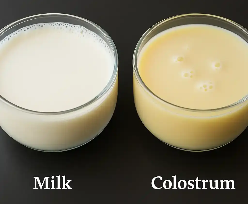 Drops of yellowish colostrum, the antibody-rich early milk produced in late pregnancy.