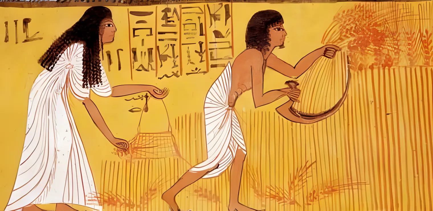 Illustration of the ancient Egyptian pregnancy test using bags of wheat and barley seeds moistened with urine.