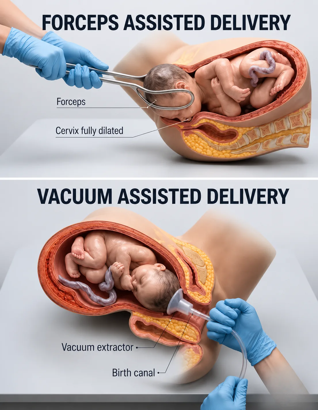 Illustration of obstetric forceps and a vacuum extractor used in assisted vaginal deliveries.