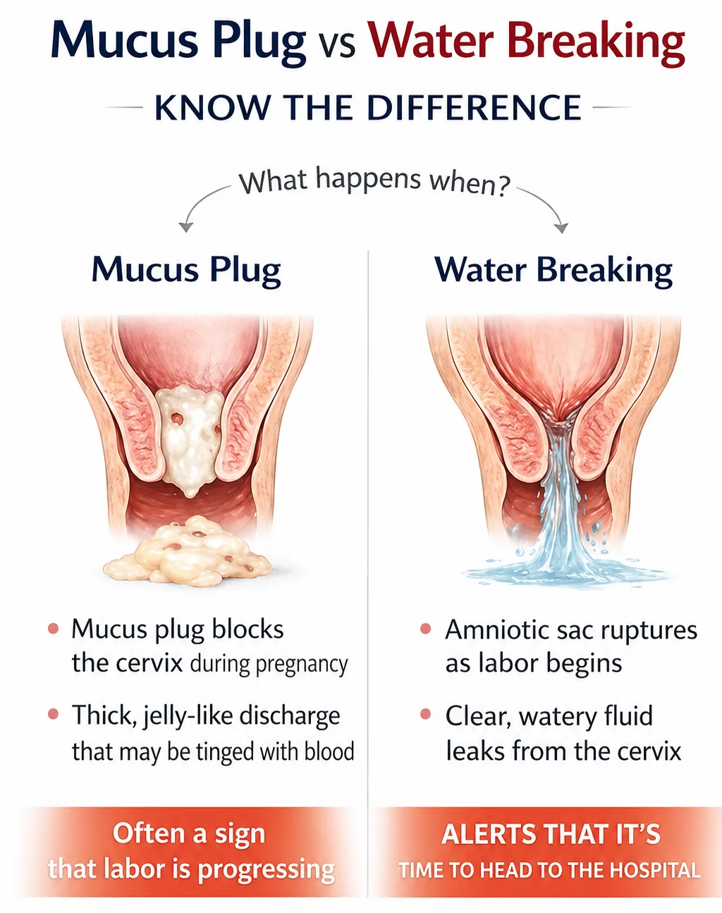 Comparison diagram distinguishing loss of the mucus plug from the water breaking.