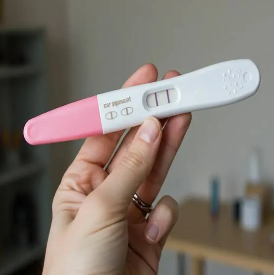 A home pregnancy test stick showing a positive result.