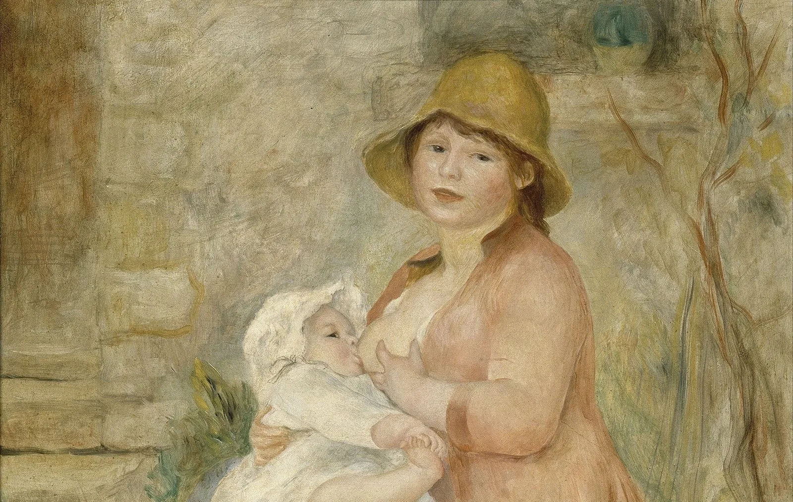 A historical depiction of a wet nurse breastfeeding an infant who is not her own.