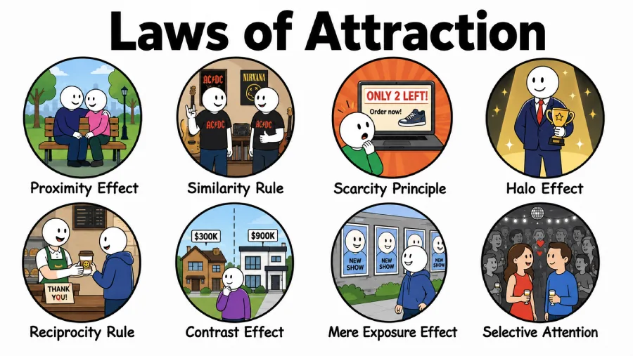 An illustration introducing a summary table of psychological factors that influence attraction.
