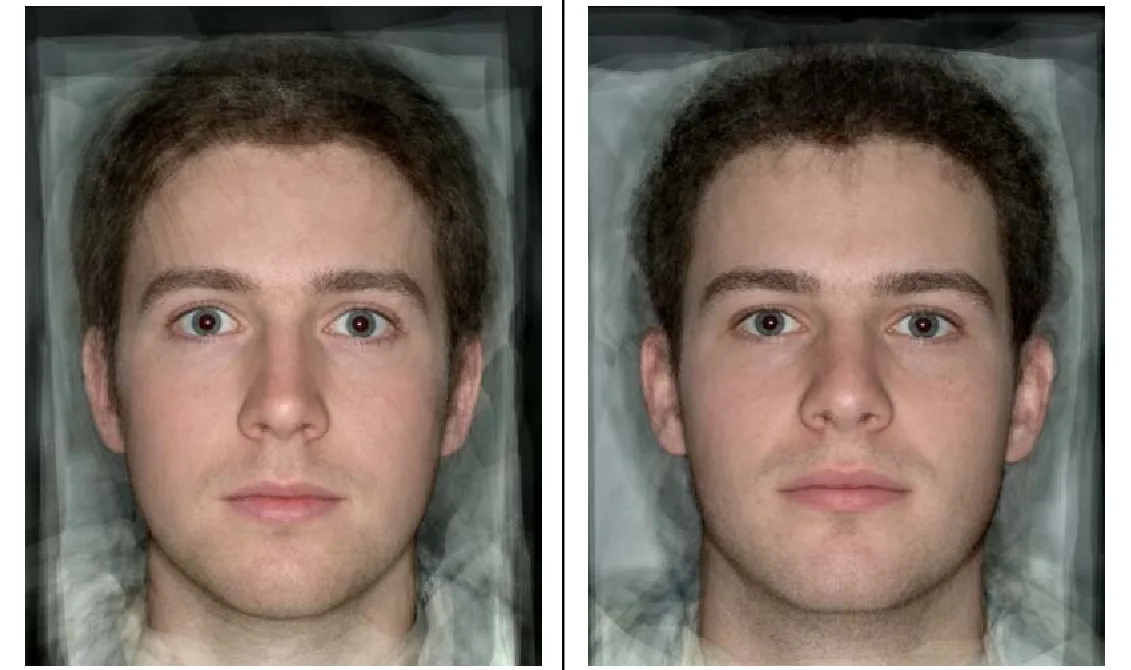 Two composite male faces side by side; the left face is a low-testosterone average with a narrower jaw and brow, and the right face is a high-testosterone average with a heavier jaw and pronounced brow ridge.