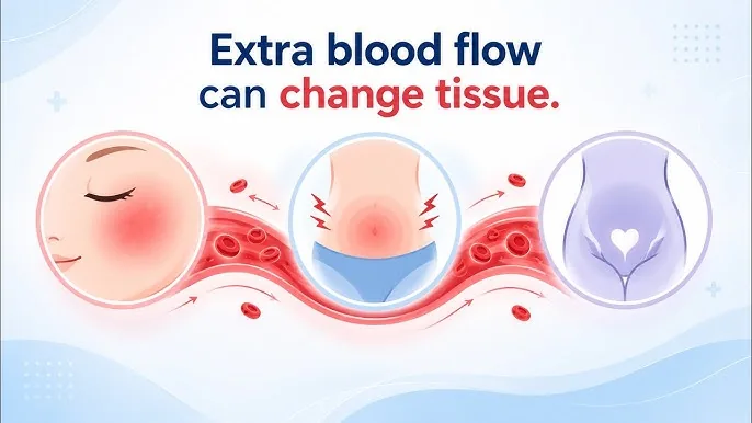 A diagram showing how increased blood flow engorges and changes the shape, size, and sensitivity of genital tissue.
