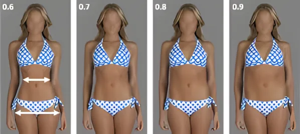 A row of female body silhouettes with different waist-to-hip ratios, highlighting the 0.7 ratio as the most attractive.