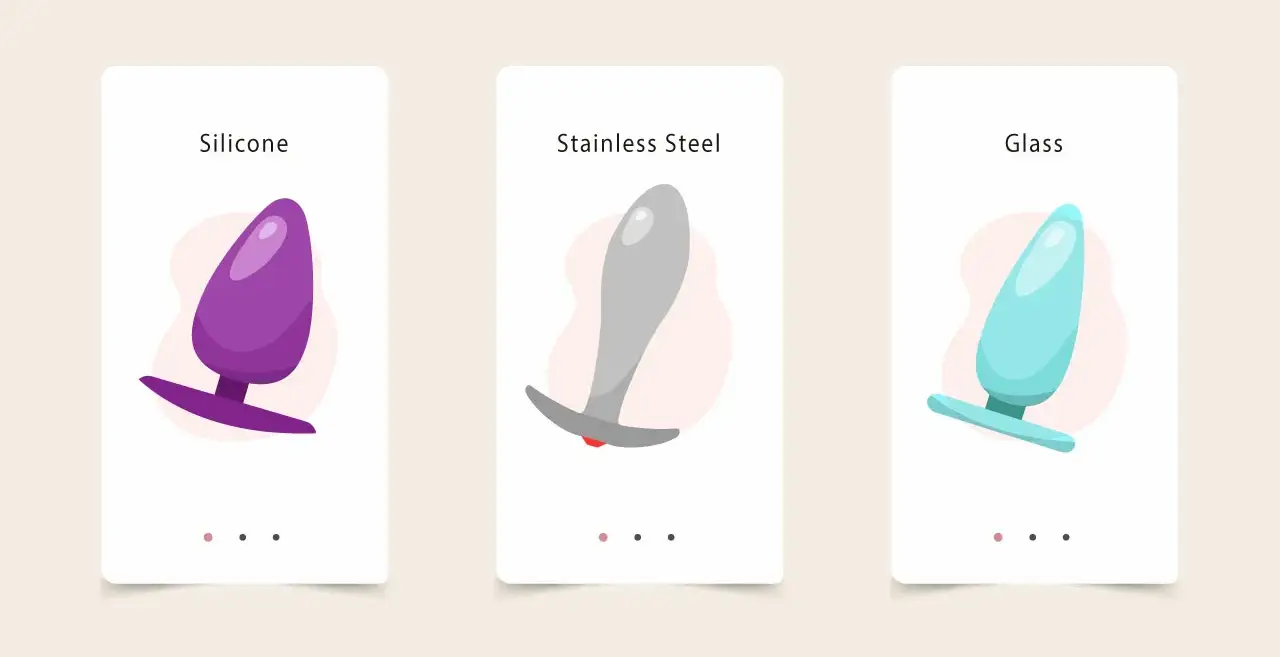 Three butt plugs in silicone, stainless steel, and glass, each with a wide flared base.