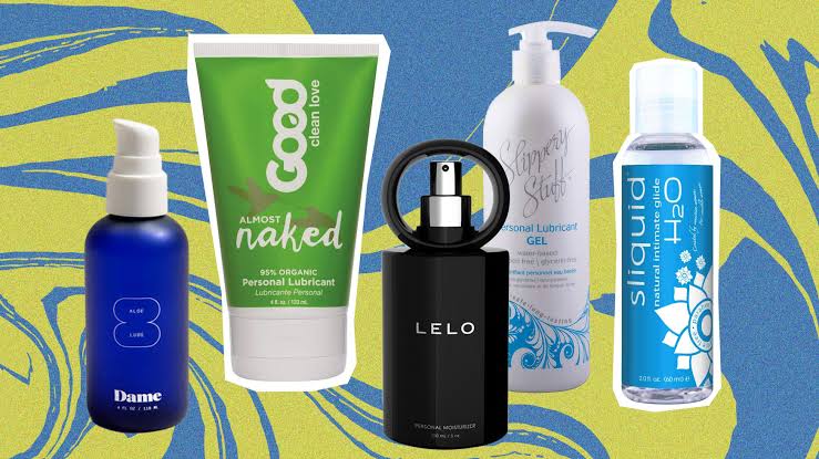 A lineup of personal lubricant bottles.