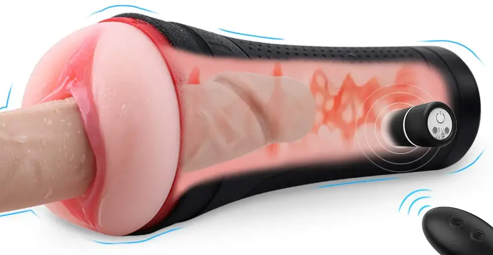 A male masturbator sleeve shown with a cutaway of its internal texture.